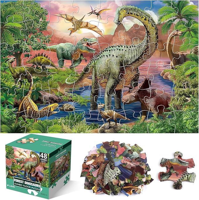 Jumbo Floor Puzzle for Kids,48 Piece Forest Dinosaur Large Jigsaw Puzzles, Fun Educational Preschool Learning Toy for Toddlers Ages 3-5,Gift for Boy Girl Ages 4-8-BubblyBeeBaby