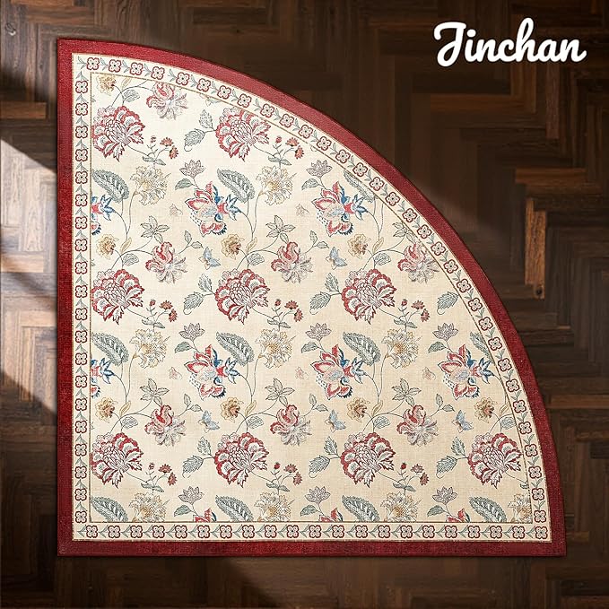 jinchan Floral Corner Rug for Kitchen Washable Nursery Rug Vintage Romance Design Non Slip Quarter Circle Lightweight Low-Pile Throw Carpet for Playroom Reading Nook Office, 5ft Radius, Red/Beige-BubblyBeeBaby