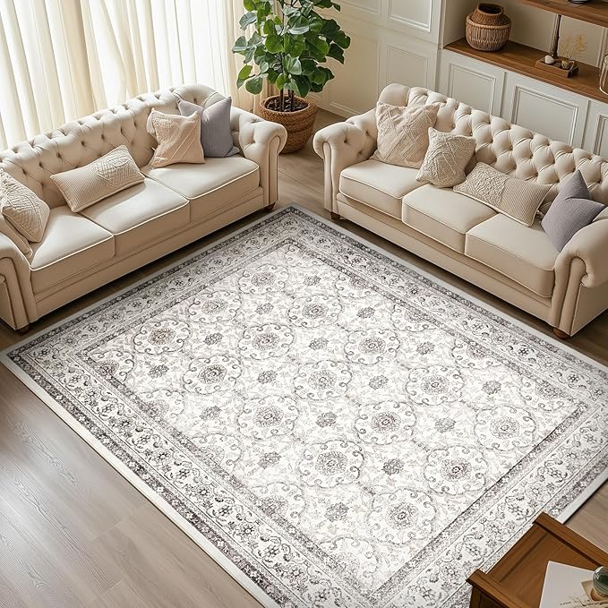 jinchan Floral 6x9 Area Rugs for Living Room - Machine Washable Vintage Distressed Boho Design Throw Rug Stain Resistant Carpet Low-Pile Thin Non-Slip for Bedroom Dining Room Nursery (6‘x9',Beige)-BubblyBeeBaby