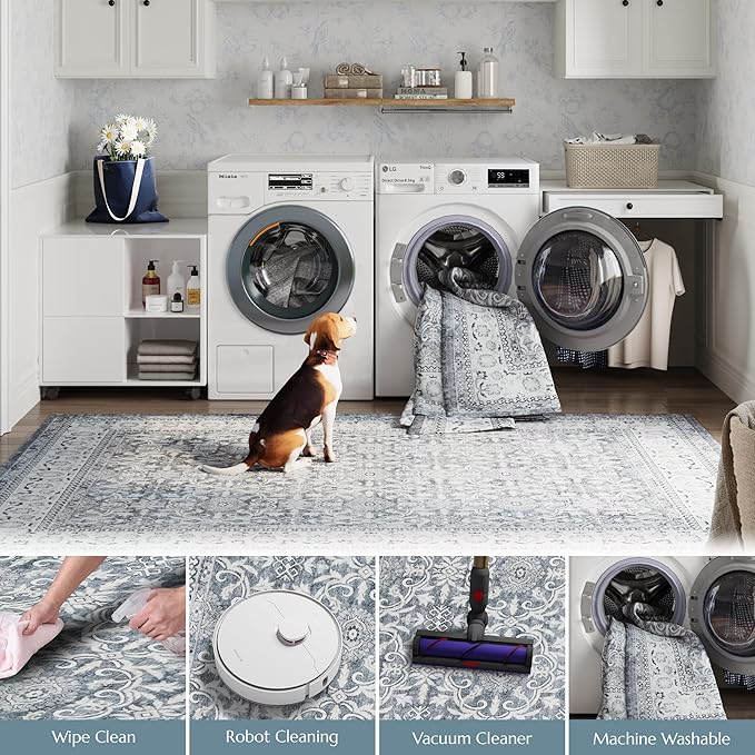 jinchan Floral 6x9 Area Rugs for Living Room - Machine Washable Vintage Distressed Boho Design Throw Rug Stain Resistant Carpet Low-Pile Thin Non-Slip for Bedroom Dining Room Nursery (6‘x9',Grey)-BubblyBeeBaby