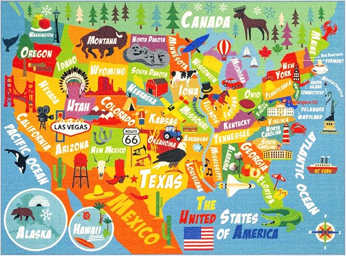 KC Cubs 3x5 USA United States Map Toy Car Road Rug – Educational Play Mat Carpet for Kids, Toddlers, Nursery, Classroom, Playroom, Baby Daycare-BubblyBeeBaby