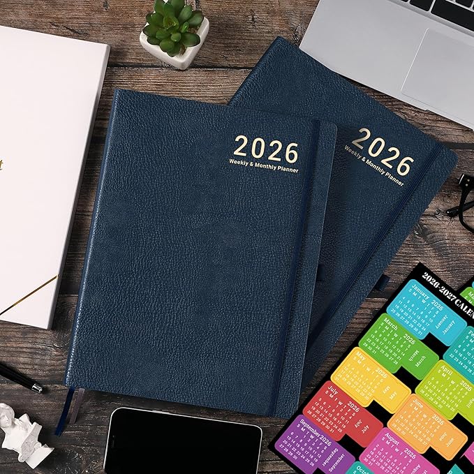 2026 Planner - Weekly and Monthly Planner 2026, JAN 2026 - DEC 2026, 8.5" x 11", Leather Cover 2026 Planners with Thick Paper, Back Pocket with Notes Pages - Blue-BubblyBeeBaby