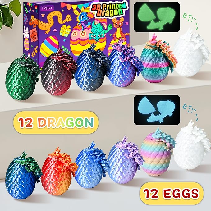 12PCS 3D Printed Dragon Eggs with Dragon Inside, Cool Stuff Fun Gifts, Mini Dragon Egg Set Articulated Crystal Dragon Fidget Toy for Adults Teens Boy Gifts Easter Basket Stuffers-BubblyBeeBaby