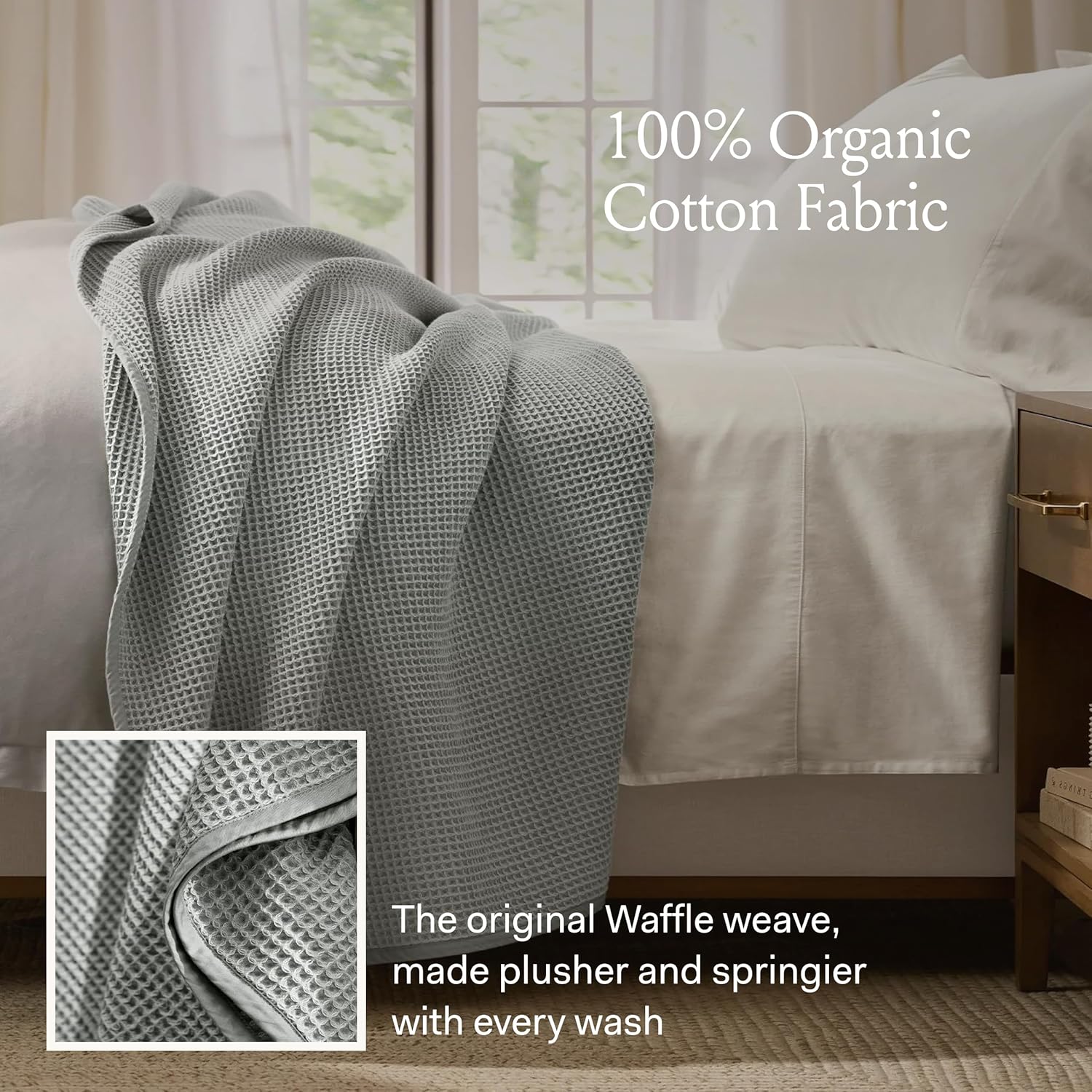 BOLL & BRANCH Waffle Bed Blanket - Twin, Pewter - Luxury 100% Organic Cotton - Soft, Lightweight and Breathable - Textured Waffle Weave Design
