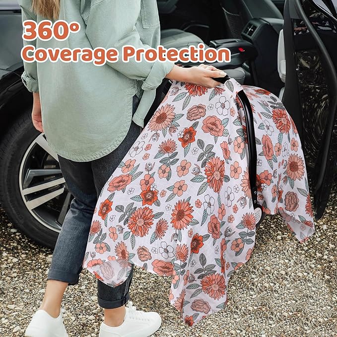 Rquite Car Seat Cover, Muslin Cotton Infant Car Seat Canopy, Breathable Baby Carrier Cover, Summer Stroller Sun Shade, Flower-BubblyBeeBaby