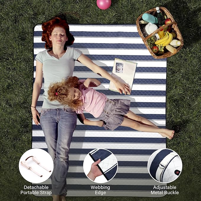 HX&OD Outdoor Picnic Blanket Extra Large, 80”x60” Waterproof Picnic Mat Foldable Camping Blanket Portable with Carry Strap for Beach Mat (Bule)-BubblyBeeBaby