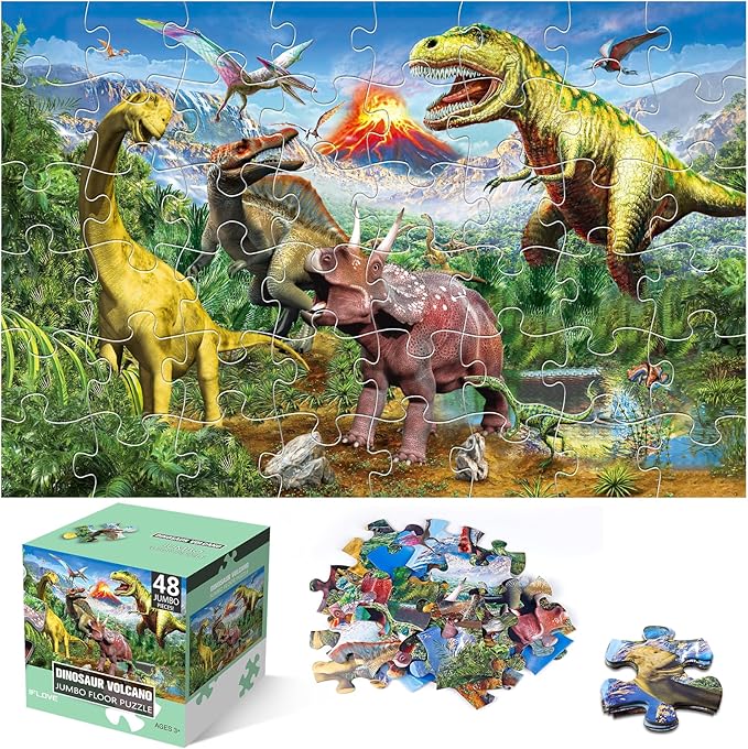 Jumbo Floor Puzzle for Kids,48 Piece Volcano Dinosaur Large Jigsaw Puzzles, Fun Educational Toy for Toddlers Ages 3-5,Preschool Learning Gift for Boy Girl Ages 4-8-BubblyBeeBaby