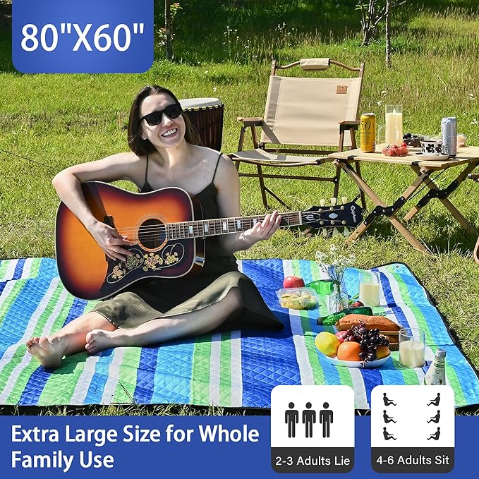 HX&OD Outdoor Picnic Blanket Extra Large, 80''*60'' Waterproof Picnic Mat with Stakes Foldable Camping Blanket Portable with Carry Strap for Beach Mat (Green& White, 80''*60'')-BubblyBeeBaby