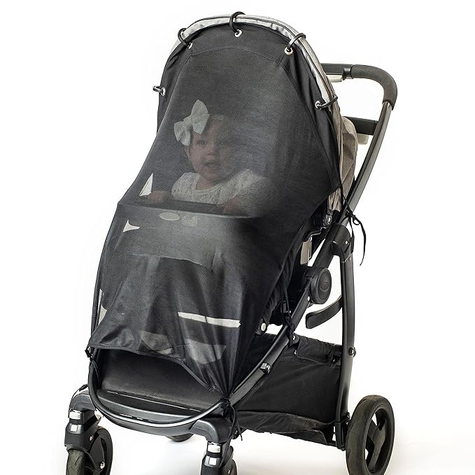 Stroller Sun Shade - Universal UV Protection Cover for Strollers Sunshade with See Through, Clip-On Sun Blocker, Sun Shield for Baby, Breathable Adjustable Fit, Full Coverage, XL Black-BubblyBeeBaby