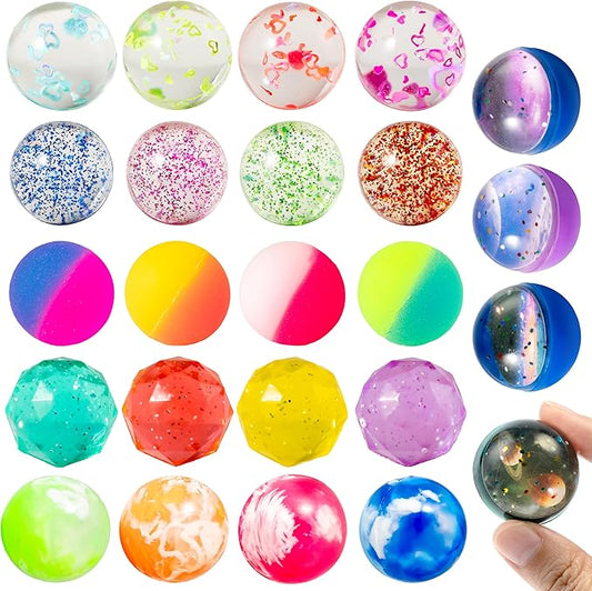 JOYIN 24 PCS Multistyle Bouncy Balls, 6 Styles 32mm Assorted Bouncy Balls Bulk with Storage Bag, Bounce Toys for Kids Party Favors Birthdays Gifts Goodie Bags Stuffers Carnival Prizes-BubblyBeeBaby