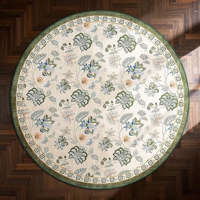 jinchan 5ft Floral Round Rug for Entryway Washable Kitchen Rug Vintage Romance Design Non Slip Indoor Doormat Lightweight Low-Profile Throw Carpet for Living Room Dining Room Bedroom, Green/Beige-BubblyBeeBaby