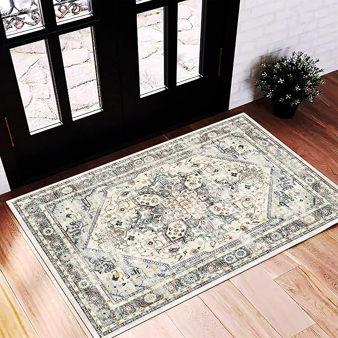 2'x3' Cyan Khaki Area Rug Washable Door Mat Vintage Distressed Doormat Indoor Entrance Traditional Thin Floral Print Non Slip Carpet for Kitchen Bathroom Bedroom Living Room-BubblyBeeBaby