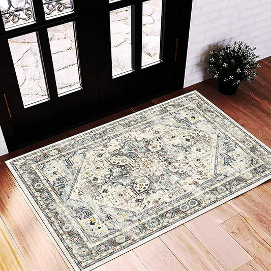 2'x3' Cyan Khaki Area Rug Washable Door Mat Vintage Distressed Doormat Indoor Entrance Traditional Thin Floral Print Non Slip Carpet for Kitchen Bathroom Bedroom Living Room-BubblyBeeBaby