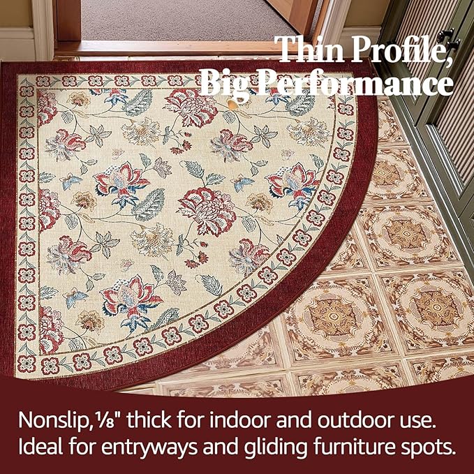 jinchan Floral Corner Rug for Entryway Washable Kitchen Rug Vintage Romance Design Non Slip Quarter Circle Lightweight Low-Pile Throw Carpet for Playroom Reading Nook Nursery, 4ft Radius, Red/Beige-BubblyBeeBaby