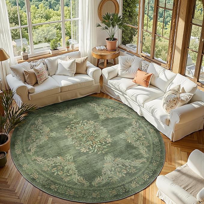 jinchan Round Rug 7ft Area Rugs,Vintage Floral Distressed Design Machine Washable Soft Non-Slip Low-Pile Ultra-Thin Circle Rug for Living Room Dining Room Bedroom Home Office (7' Round,Dark Green)-BubblyBeeBaby