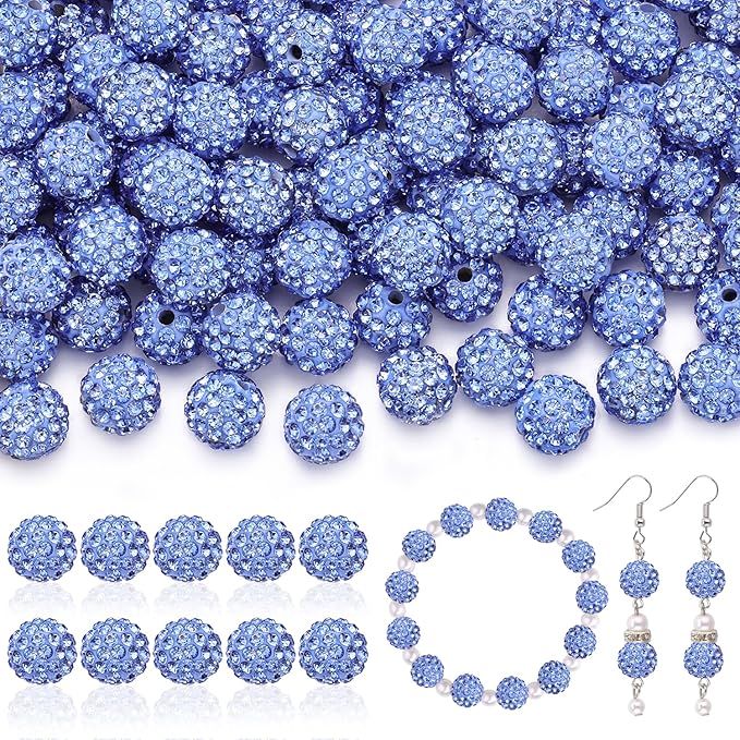 105pcs 10mm Rhinestone Beads for Jewelry Making, Light Blue Shiny Round Disco Ball Beads Bulk, Sparkle Crystal Clay Christmas for Bracelet Baseball Necklace Earring Crafting and DIY-BubblyBeeBaby