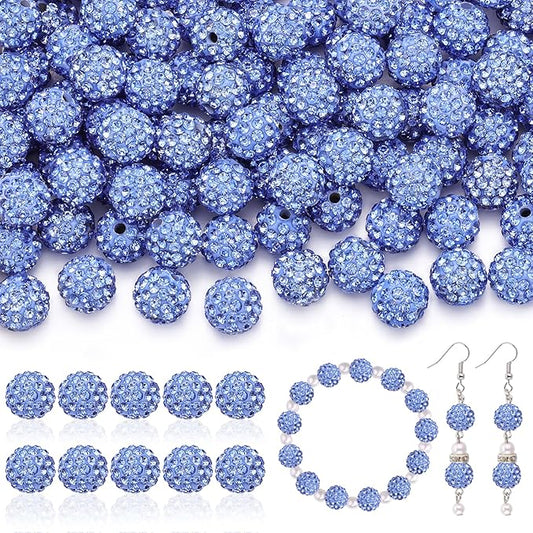 105pcs 10mm Rhinestone Beads for Jewelry Making, Light Blue Shiny Round Disco Ball Beads Bulk, Sparkle Crystal Clay Christmas for Bracelet Baseball Necklace Earring Crafting and DIY-BubblyBeeBaby