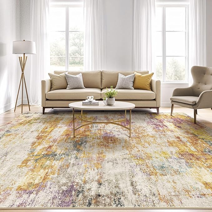 10X12 Area Rugs Living Room: Washable Large Abstract Modern Soft Stain Resistant Indoor Floor Rugs Non Slip Accent Carpet for Bedroom Nursery Playroom Office Dining Room Dorm Home House- Gold Colorful-BubblyBeeBaby