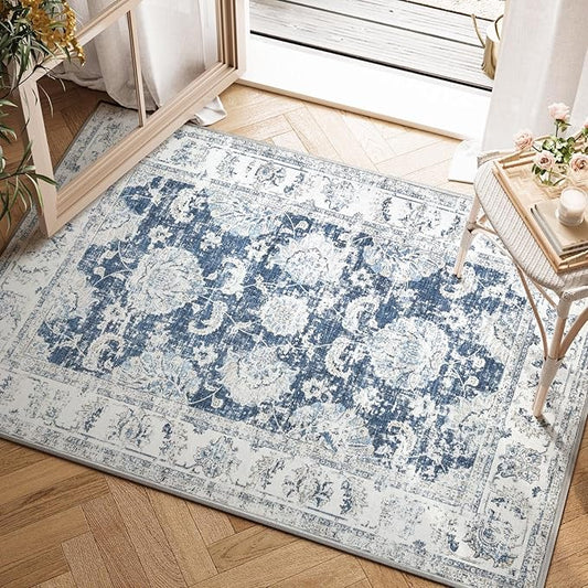jinchan Floral 2x3 Rugs for Entryway - Vintage Washable Small Non-Slip Distressed Indoor Doormat Ultra-Thin Low-Pile Accent Rug for Entrance Kitchen Bedroom Bathroom (2x3ft,Dark Blue)-BubblyBeeBaby
