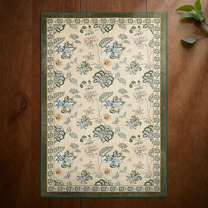 jinchan 2x3 Floral Rug for Entryway Washable Kitchen Rug Vintage Romance Design Small Mat Non Slip Indoor Doormat Lightweight Low-Profile Throw Carpet for Entrance Bathroom Laundry Room, Green/Beige-BubblyBeeBaby