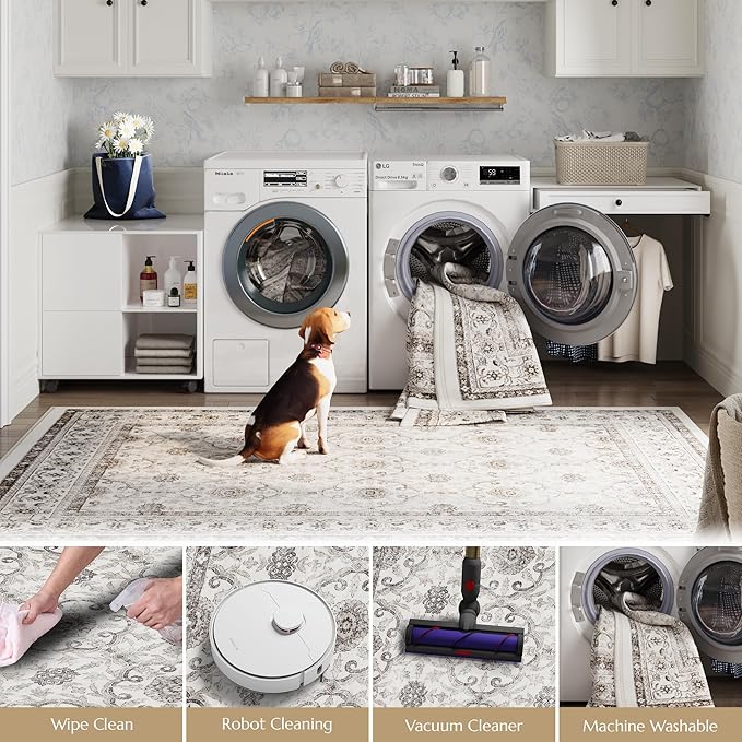 jinchan Runner Rug 2x6 - Machine Washable Beige Vintage Floral Distressed Design Soft Non-Slip Low-Pile Ultra-Thin Runner Rug for Kitchen Hallway Laundry Room Entryway Farmhouse (2‘x6',Beige)-BubblyBeeBaby