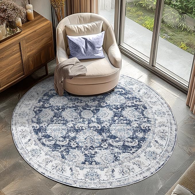 jinchan Round Rug 5ft Area Rugs Vintage Floral Distressed Design - Machine Washable Non-Slip Low-Pile Ultra-Thin Circle Rug for Entryway Bedside Living Room Dining Room Bedroom (5' Round,Dark Blue)-BubblyBeeBaby