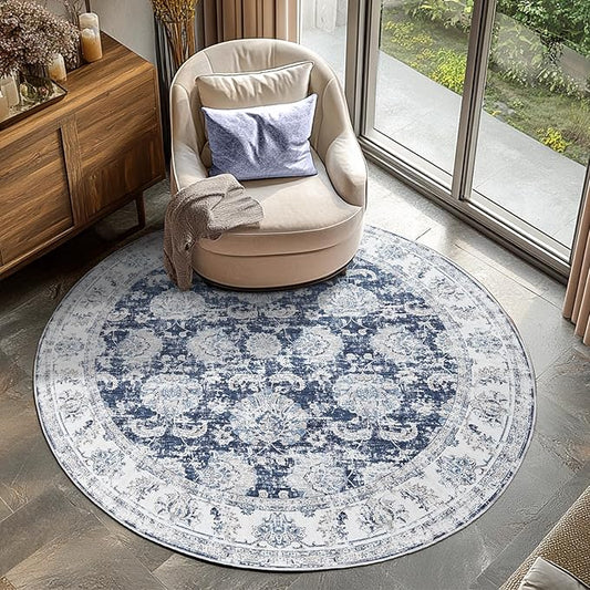 jinchan Round Rug 5ft Area Rugs Vintage Floral Distressed Design - Machine Washable Non-Slip Low-Pile Ultra-Thin Circle Rug for Entryway Bedside Living Room Dining Room Bedroom (5' Round,Dark Blue)-BubblyBeeBaby
