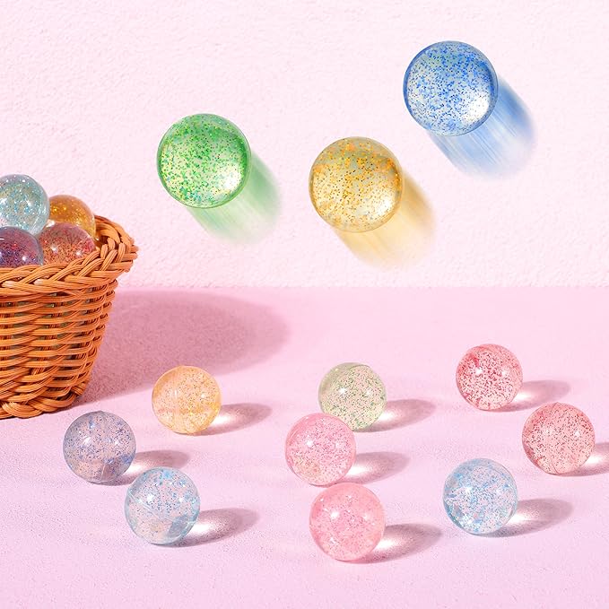 JOYIN 24 PCS Glitter Bouncy Balls, 6 Styles 32mm Assorted Bouncy Balls Bulk with Storage Bag, Bounce Toys for Kids Party Favors Birthdays Gifts Goodie Bags Stuffers Carnival Prizes-BubblyBeeBaby