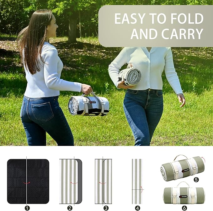 HX&OD Outdoor Picnic Blanket Extra Large, 80''*80' Waterproof Picnic Mat with Stakes Foldable Camping Blanket Portable with Carry Strap for Beach Mat (Green, 80''*80'')-BubblyBeeBaby