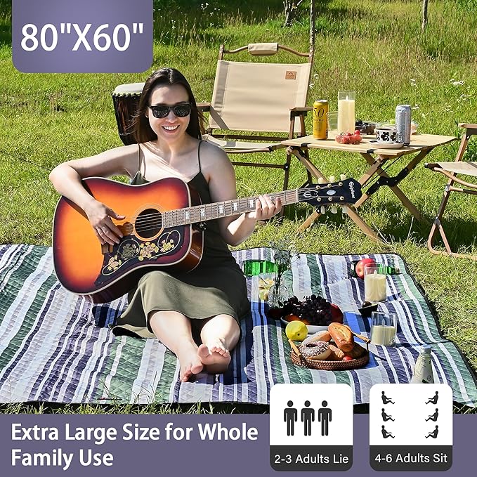 HX&OD Outdoor Picnic Blanket Extra Large, 80''*60'' Waterproof Picnic Mat with Stakes Foldable Camping Blanket Portable with Carry Strap for Beach Mat (Green& White, 80''*60'')-BubblyBeeBaby