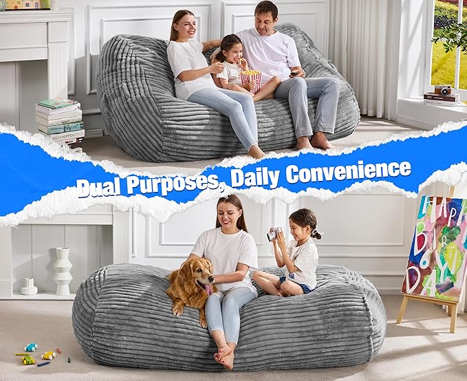 Hobestluk 6FT Bean Bag Chairs Adult Bean Bag with Portable Handle Comfy Large Bean Bag Lounge Chair with Removable Cover for Living Room Bedroom (Stripe Grey, 6FT)-BubblyBeeBaby