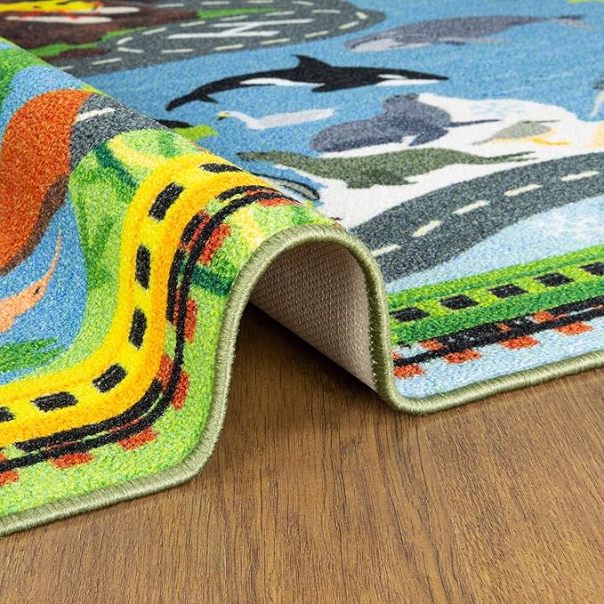 KC Cubs 5x7 Animal Safari Toy Car Road Rug – Educational Play Mat Carpet for Kids, Toddlers, Nursery, Classroom, Playroom, Baby Daycare, Boys & Girls-BubblyBeeBaby