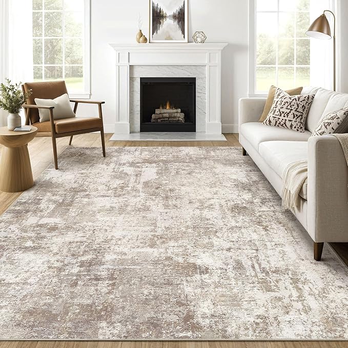 10x14 Area Rugs Living Room: Washable Large Abstract Soft Rug Stain Resistant Indoor Floor Non-Slip Accent Carpet for Women Modern Home Enthusiasts Aged 25-45 - Bedroom Nursery Playroom- Beige Brown-BubblyBeeBaby