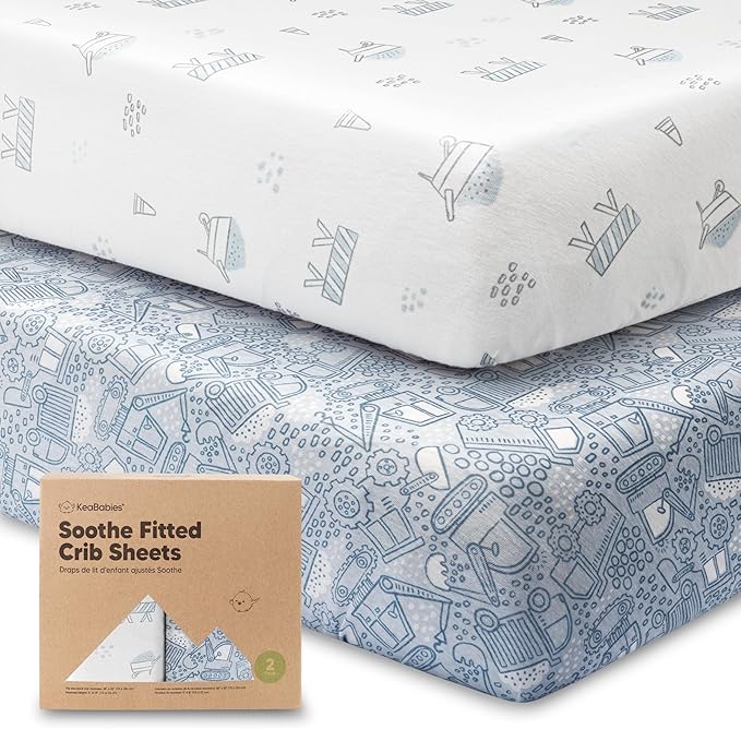 KeaBabies 2-Pack Organic Crib Sheets for Boys, Girls - 52x28 Fitted Crib Mattress Sheet Neutral, Breathable Jersey Cotton Cover for Baby Bed, Toddler Mattress, Soft & Cute Prints (Excavation)-BubblyBeeBaby