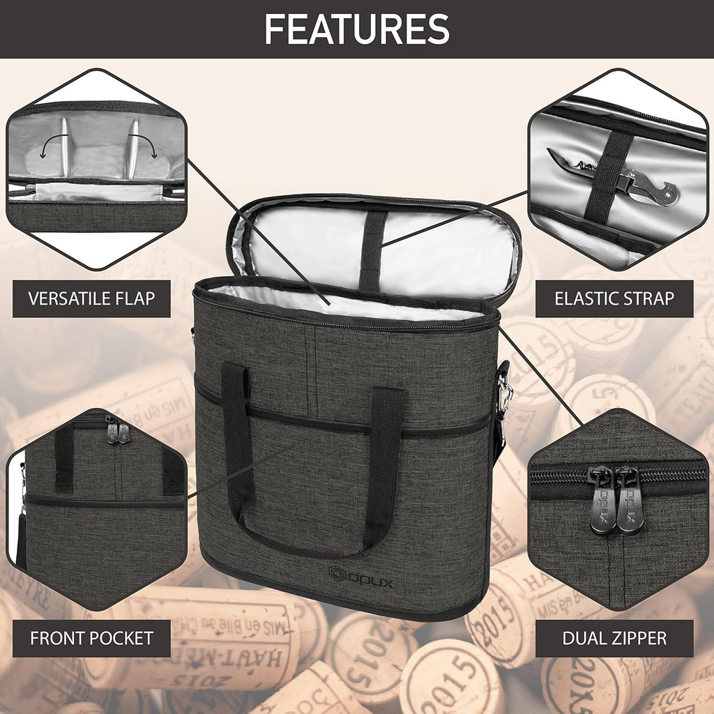 opux 3 Bottle Wine Carrier Tote, Insulated Leakproof Wine Cooler Bag, Wine Travel Bag for Picnic BYOB Beach, Portable Wine Bottle Carrying Case, Gift for Wine Lover Women Men Christmas, Charcoal Grey