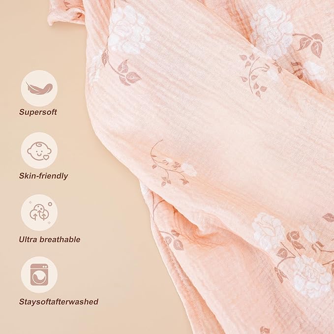 2 Pack Muslin Cotton Nursing Cover for Breastfeeding, Privacy Breathable Breastfeeding Cover Cover up with Arch Neckline for Mom, 100% Cotton Nursing Apron, Floral and Pink-BubblyBeeBaby