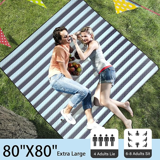 HX&OD Extra Large Picnic Outdoor Blanket, 80”x80” Waterproof Picnic Mat Foldable Camping Blanket Portable with Carry Strap for Beach Mat Outdoor Camping Party(Grey&Green)-BubblyBeeBaby