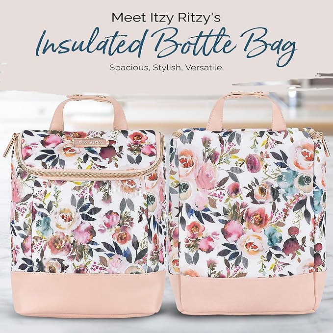 Itzy Ritzy Insulated Bottle Bag – Keeps Bottles Warm or Cool - Holds 3 Bottles & Features Interior Pocket for Ice Pack (Not Included), Blush Floral-BubblyBeeBaby