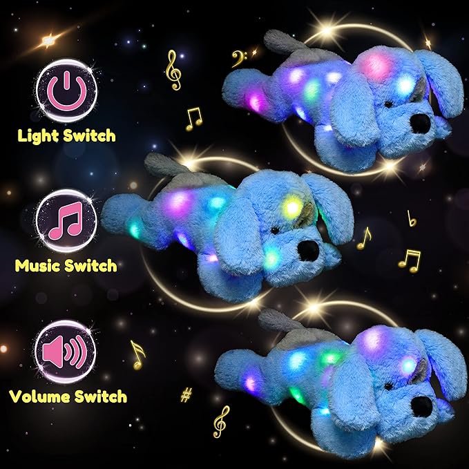 Hopearl LED Musical Stuffed Puppy Lighting Up Singing Plush Dog Adjustable Volume Lullaby Animated Soothe Birthday Festival for Kids Toddler Girls, Blue, 17''-BubblyBeeBaby