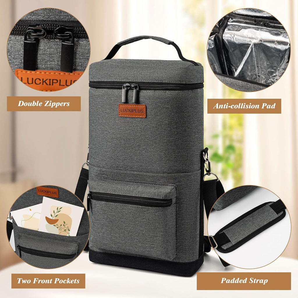 2 Bottle Wine Bag Carrier Tote, Portable Wine Cooler Bag with Padded Shoulder Strap, Versatile Liquor Case for Picnic Travel Birthday Party Coolest Gift for Women Men Wine Lovers Grey