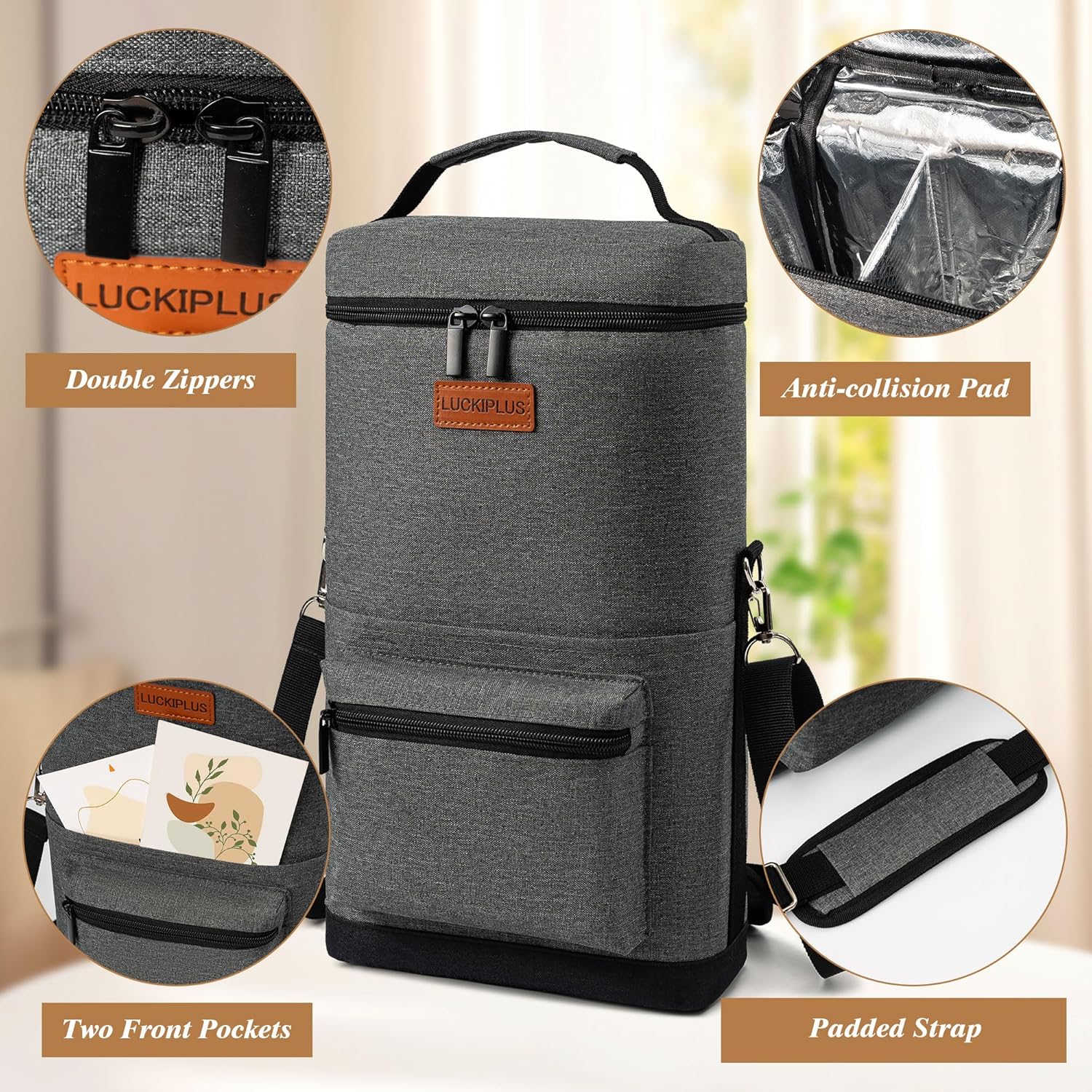 2 Bottle Wine Bag Carrier Tote, Portable Wine Cooler Bag with Padded Shoulder Strap, Versatile Liquor Case for Picnic Travel Birthday Party Coolest Gift for Women Men Wine Lovers Grey