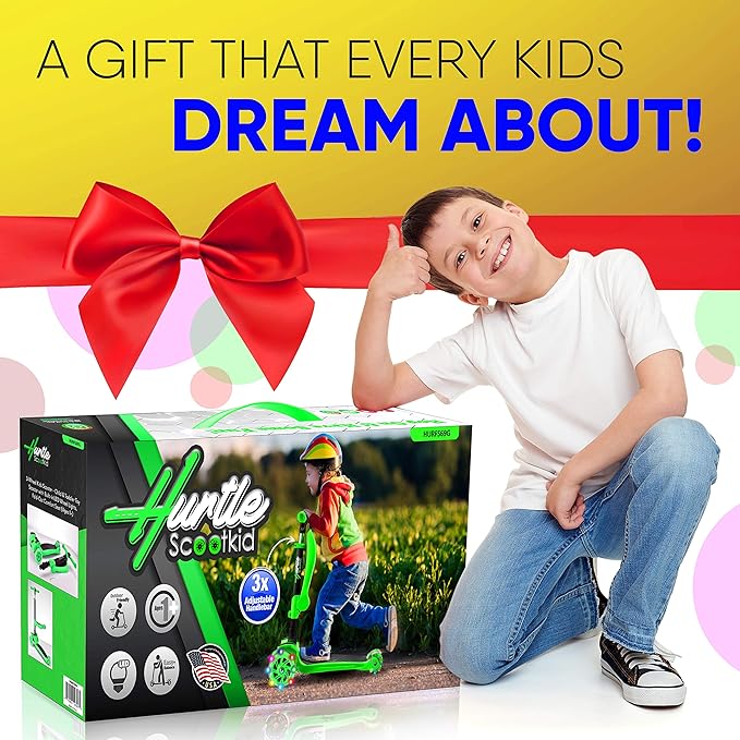 Hurtle 3-Wheeled Scooter for Kids - Wheel LED Lights, Adjustable Lean-to-Steer Handlebar, and Foldable Seat - Sit or Stand Ride with Brake for Boys and Girls Ages 1-14 Years Old-BubblyBeeBaby