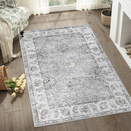 jinchan Floral 3x5 Area Rugs for Entryway - Machine Washable Taupe Vintage Distressed Design Doormat Non-Slip Ultra-Thin Low Pile Boho Rug for Kitchen Living Room Bedroom Farmhouse (3‘x5',Grey)-BubblyBeeBaby