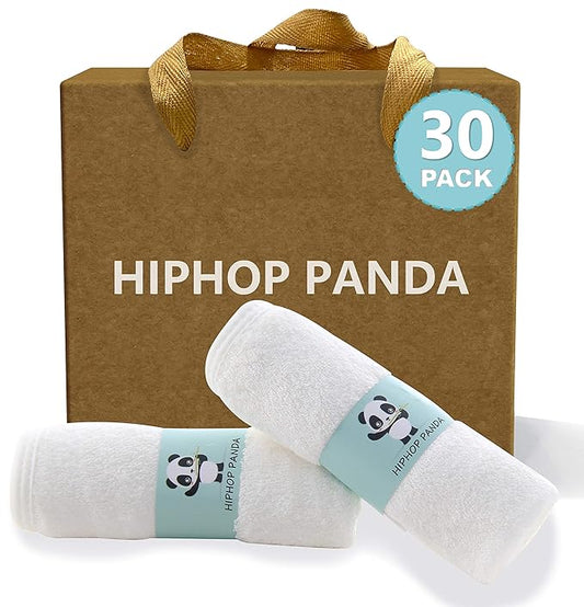 HIPHOP PANDA Baby Washcloths, Rayon Made from Bamboo - 2 Layer Ultra Soft Absorbent Newborn Bath Face Towel - Reusable Baby Wipes for Delicate Skin - White, 30 Pack-BubblyBeeBaby