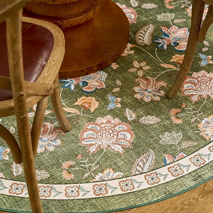 jinchan Floral Corner Rug for Kitchen Washable Nursery Rug Vintage Romance Design Non Slip Quarter Circle Lightweight Low-Pile Throw Carpet for Playroom Reading Nook Office, 5ft Radius, Green-BubblyBeeBaby