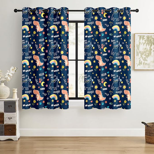 100% Blackout Curtains for Kids - Adorable Dinosaur & Unicorn Pattern, 2Panels, Each W52xL63, Thermal Insulated Noise-Reducing Drapes for Nursery, Bedroom, Playroom - Fun & Colorful Design-BubblyBeeBaby