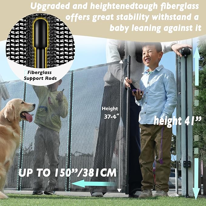 150" Extra Wide Retractable Baby Gates Dog Gate for Large Opening, 41" Extra Tall Mesh Pet Gate, Long Child Safety Gates with Fiberglass Rods for Stairways, Doorways, Hallways - Indoor/Outdoor Use-BubblyBeeBaby