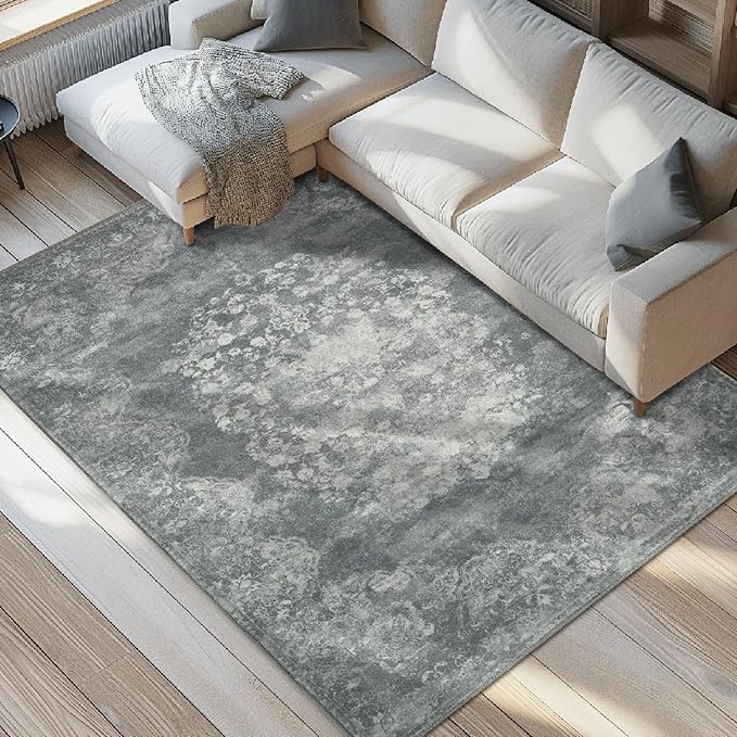 jinchan Vintage Floral 4x6 Area Rugs - Machine Washable Distressed Design Soft Ultra-Thin Low-Pile Non-Slip Carpet for Entryway Kitchen Bedroom Nursery Living Room Dining Room (4x6ft,Grey)-BubblyBeeBaby