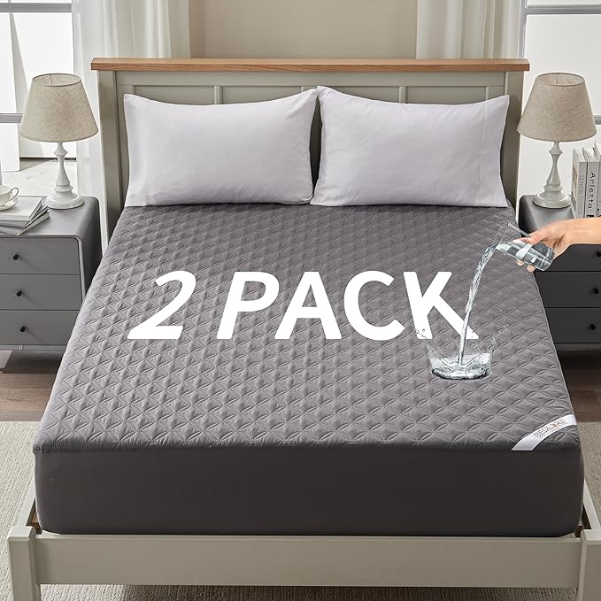 2 Pack Waterproof Mattress Protector, Queen Size Mattress Pad Noiseless with Deep Pocket Fitted for 6"-18", Soft Breathable Dirt-Proof Bed Mattress Cover Washable for Home, Bedroom, Hotel (Gray)-BubblyBeeBaby