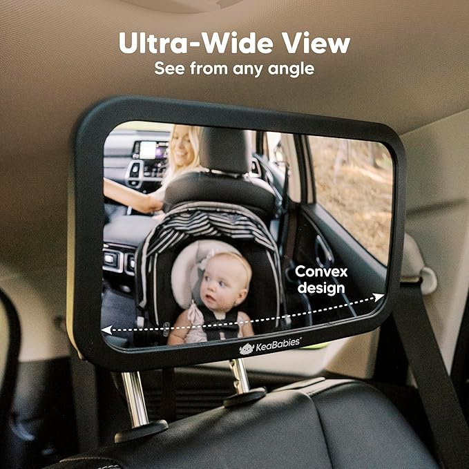 Large Shatterproof Baby Car Mirror, Backseat - Safety Car Seat Mirror for Baby Rear Facing, 360 Wide Crystal Clear View, Accessories for Removable Headrest, Easy Install & Adjustable (Sleek Black)-BubblyBeeBaby